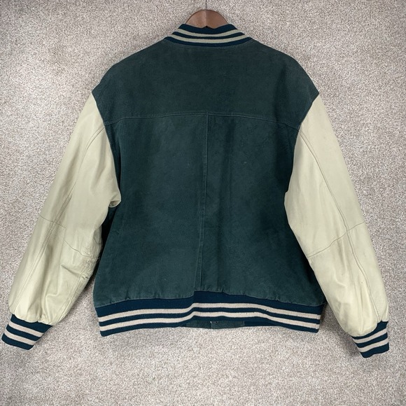 Original Rugged New Zealand Outback Varsity Jacket XL Leather VTG Green *Stains* - Picture 5 of 7